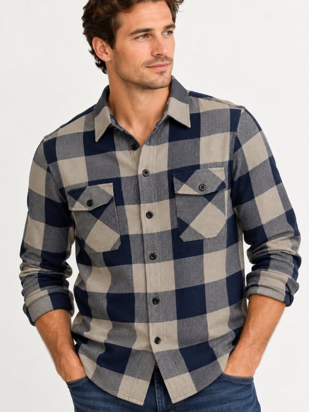 J.CREW Slim Midweight Soft Cotton Shirt in Navy Grey Plaid Size XL Slim